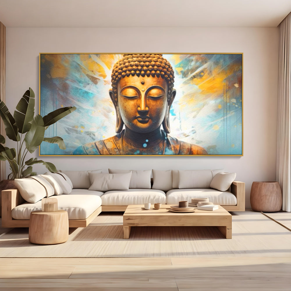 Tablou canvas cu tablou canvas cu bustul lui buddha, in rama de aluminiu auriu, pe perete intr-un living
